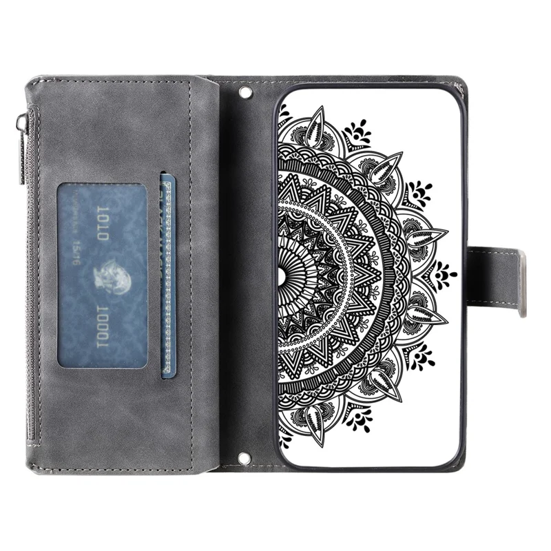 Funda tipo cartera para Xiaomi 17T, funda con diseño de flor mandala en cuero PU con correa para la muñeca - Gris