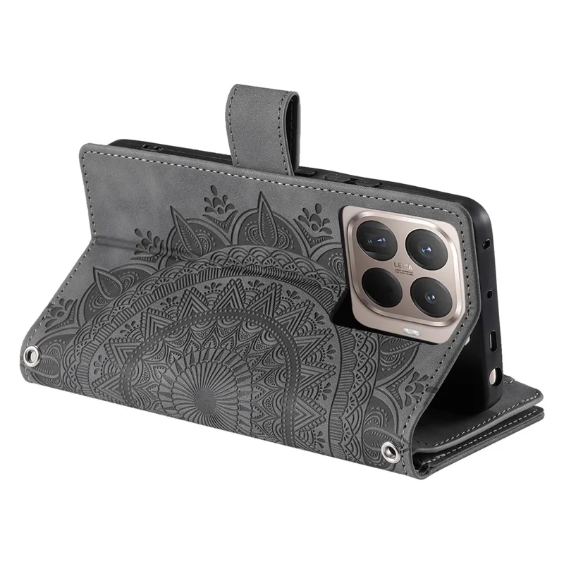 Funda tipo cartera para Xiaomi 17T, funda con diseño de flor mandala en cuero PU con correa para la muñeca - Gris