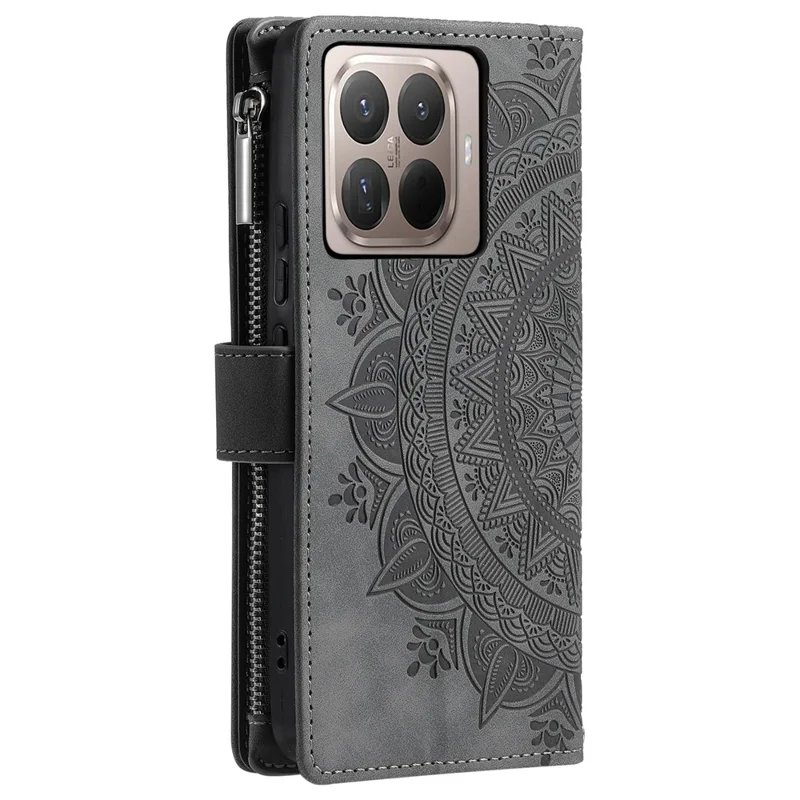 Funda tipo cartera para Xiaomi 17T, funda con diseño de flor mandala en cuero PU con correa para la muñeca - Gris