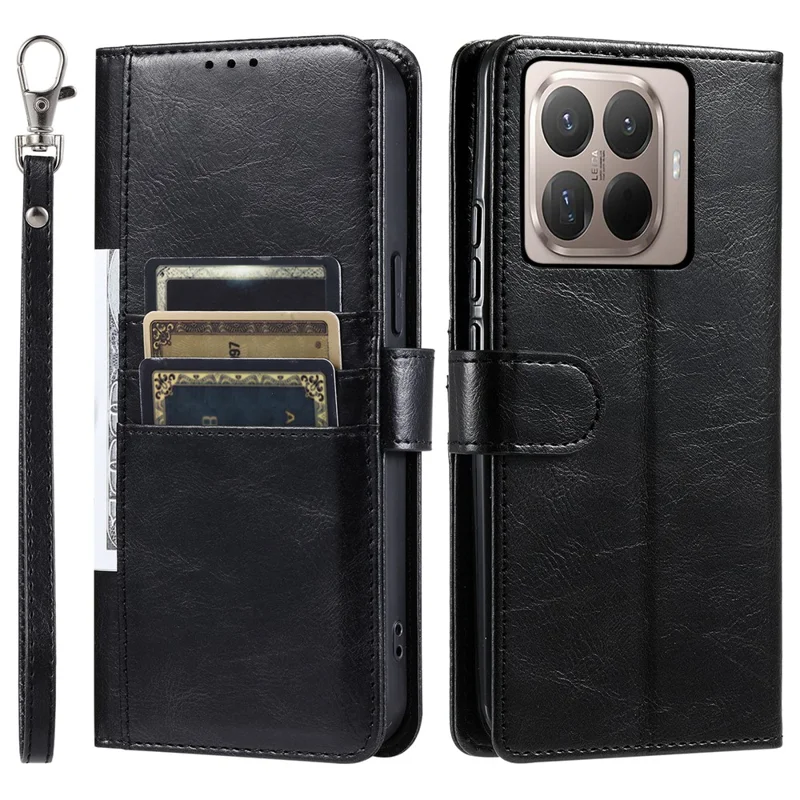 Funda para Xiaomi 17T, carcasa anticaídas de cuero PU con 6 ranuras para tarjetas y correa de mano - Negro