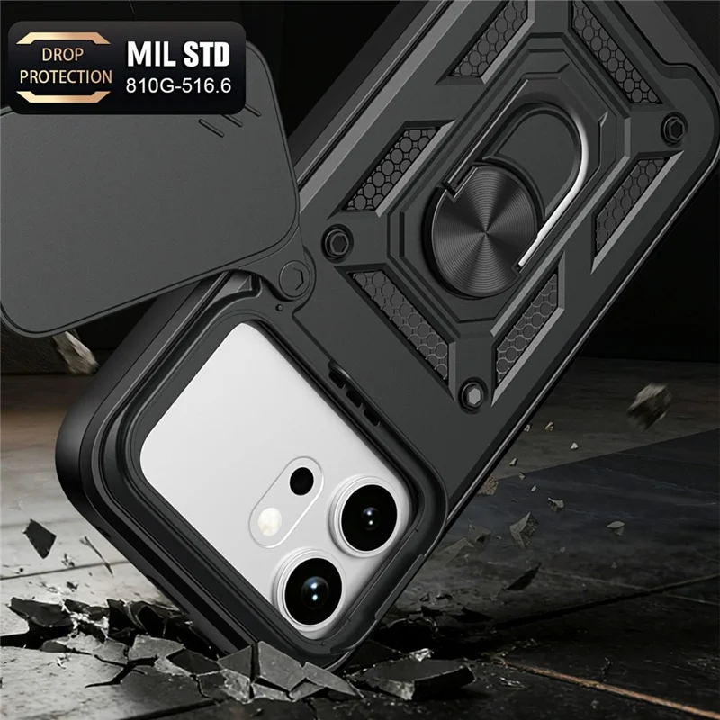 For Honor 600 5G Hylster med Skydelens Kamera-låg PC + TPU Stå-telefon Omslag - Sort