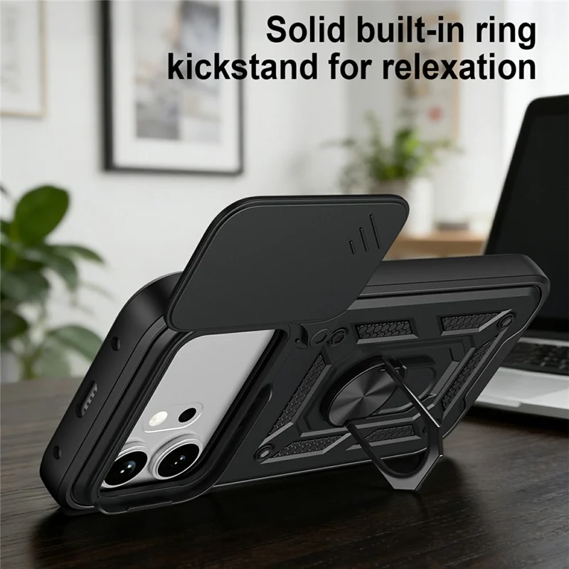 For Honor 600 5G Hylster med Skydelens Kamera-låg PC + TPU Stå-telefon Omslag - Sort