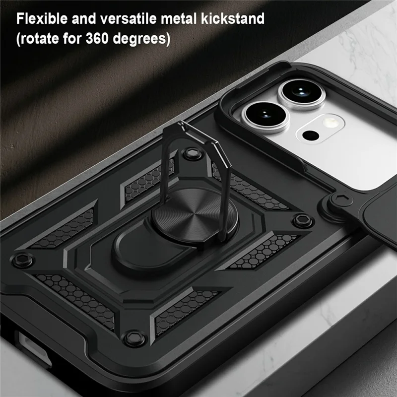 For Honor 600 5G Hylster med Skydelens Kamera-låg PC + TPU Stå-telefon Omslag - Sort