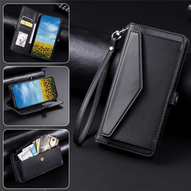 Funda de Cuero para Xiaomi 17T con Correa de Muñeca, Billetera y Soporte - Negra