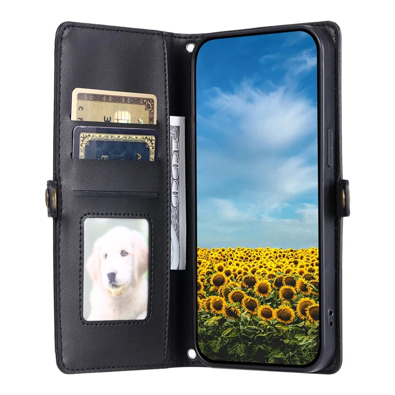 Funda de Cuero para Xiaomi 17T con Correa de Muñeca, Billetera y Soporte - Negra