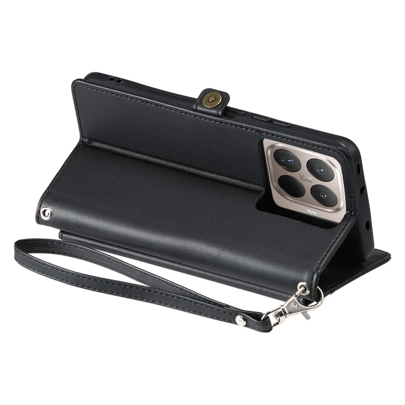 Funda de Cuero para Xiaomi 17T con Correa de Muñeca, Billetera y Soporte - Negra
