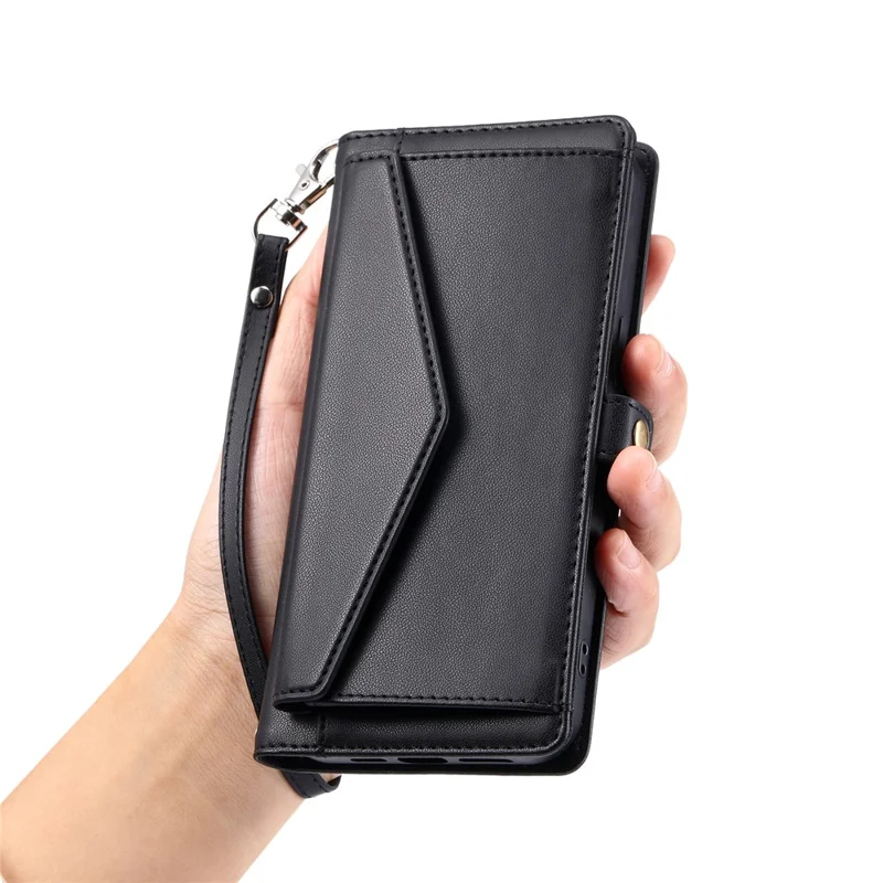 Funda de Cuero para Xiaomi 17T con Correa de Muñeca, Billetera y Soporte - Negra