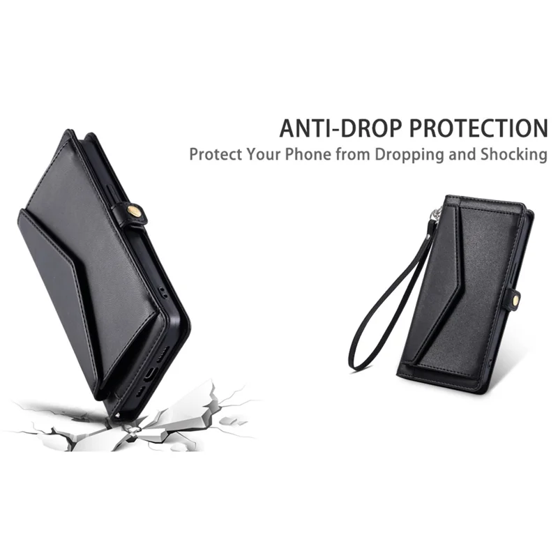 Funda de Cuero para Xiaomi 17T con Correa de Muñeca, Billetera y Soporte - Negra