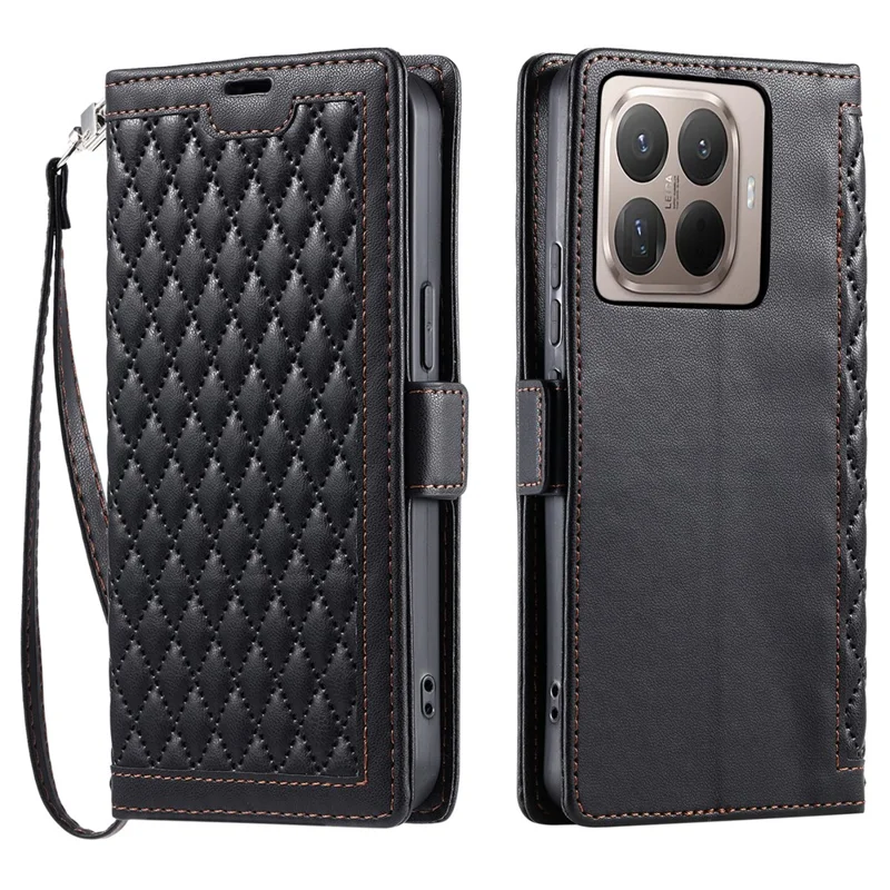 For Xiaomi 17T Pro Leather Case Rhombus Texture Wallet Stand Phone Cover with Wrist Strap - Black