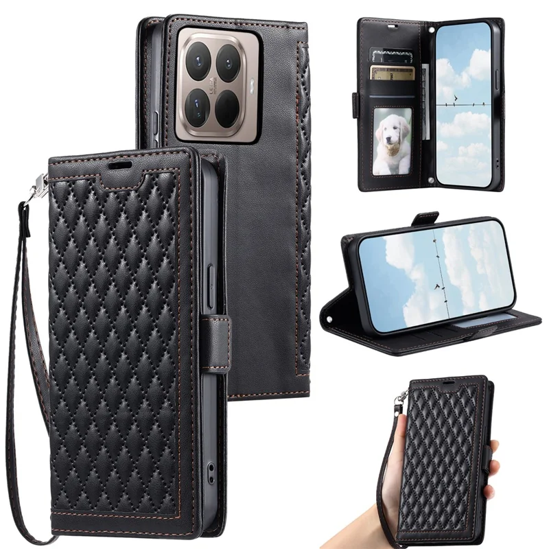 For Xiaomi 17T Pro Leather Case Rhombus Texture Wallet Stand Phone Cover with Wrist Strap - Black