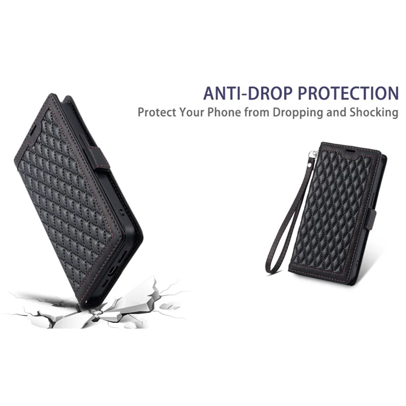 For Xiaomi 17T Pro Leather Case Rhombus Texture Wallet Stand Phone Cover with Wrist Strap - Black