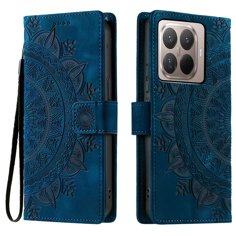 Funda tipo cartera de cuero con diseño imprimido de tótem, para Xiaomi 17T, con correa de mano - Azul