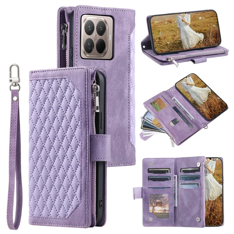 Coque portefeuille pour Xiaomi 17T Pro avec motif de surpiqûres en losange, housse en cuir PU avec dragonne - Violet
