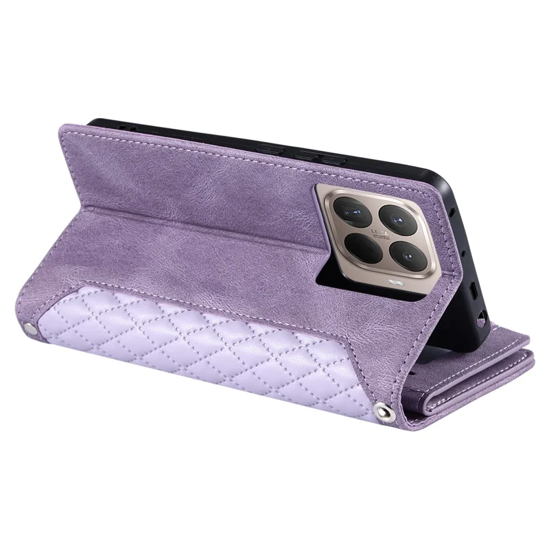 Coque portefeuille pour Xiaomi 17T Pro avec motif de surpiqûres en losange, housse en cuir PU avec dragonne - Violet