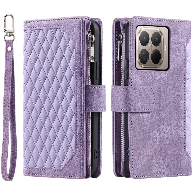 Coque portefeuille pour Xiaomi 17T Pro avec motif de surpiqûres en losange, housse en cuir PU avec dragonne - Violet