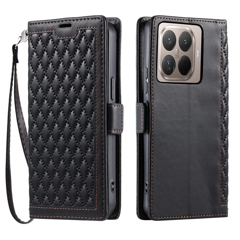 Custodia in pelle per Xiaomi 17T Pro, con motivo a rombo, funzione portafoglio e supporto, con cinturino da polso - Nero