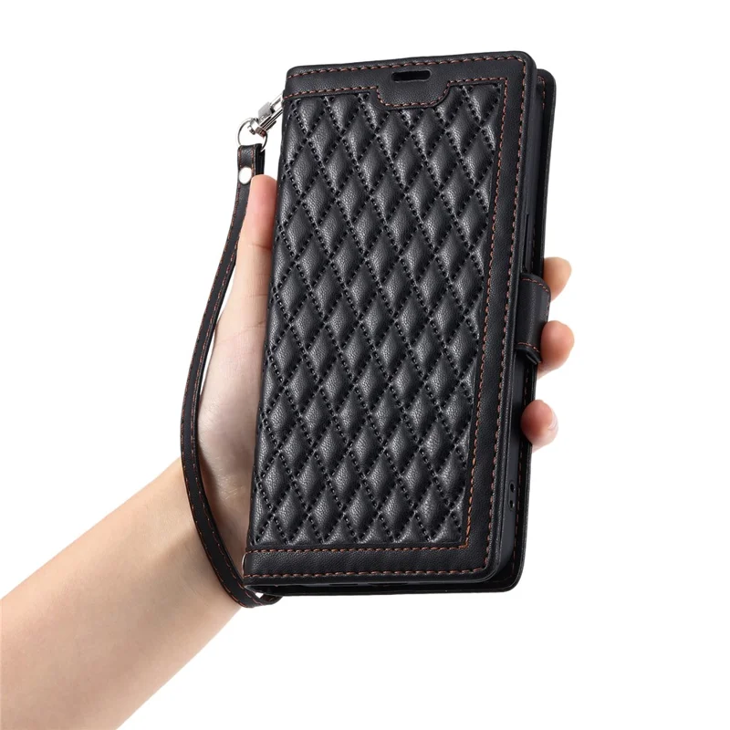 Custodia in pelle per Xiaomi 17T Pro, con motivo a rombo, funzione portafoglio e supporto, con cinturino da polso - Nero