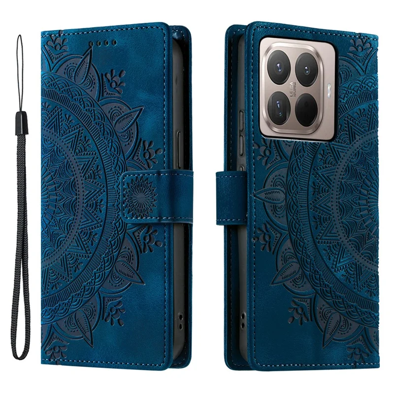 Coque pour Xiaomi 17T Pro, housse portefeuille en cuir effet totem avec dragon imprimé, dotée d'une dragonne - Bleue