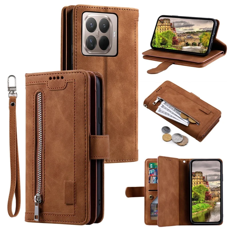 Coque pour Xiaomi 17T Pro avec 9 emplacements pour cartes, pochette portefeuille avec fermeture à glissière, housse en cuir PU avec dragonne - Marron
