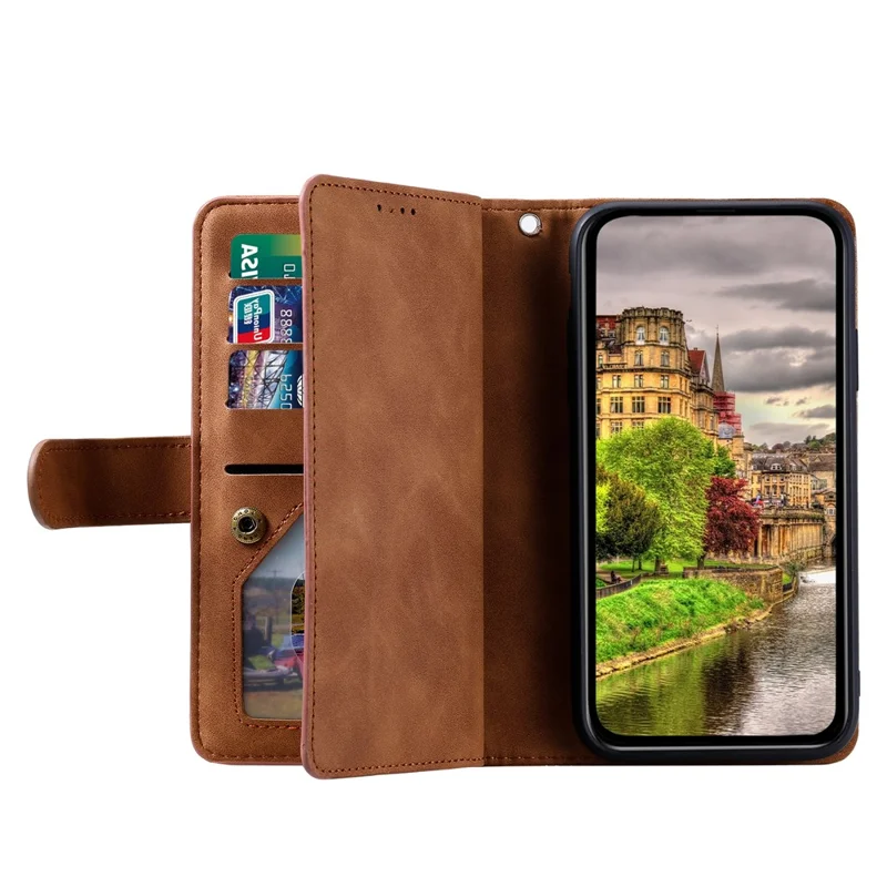 Coque pour Xiaomi 17T Pro avec 9 emplacements pour cartes, pochette portefeuille avec fermeture à glissière, housse en cuir PU avec dragonne - Marron