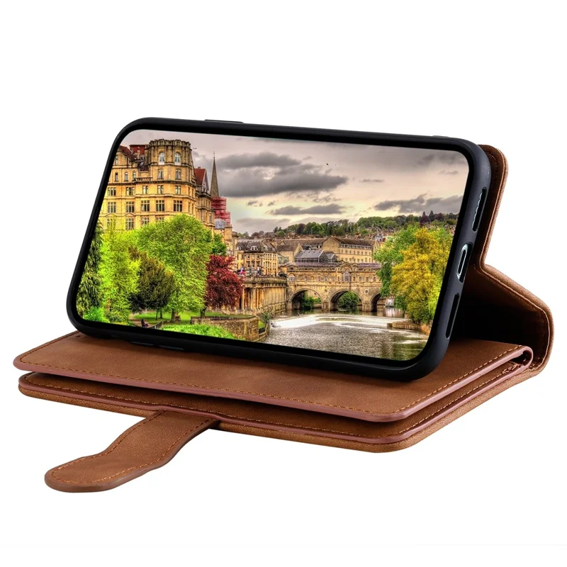 Coque pour Xiaomi 17T Pro avec 9 emplacements pour cartes, pochette portefeuille avec fermeture à glissière, housse en cuir PU avec dragonne - Marron