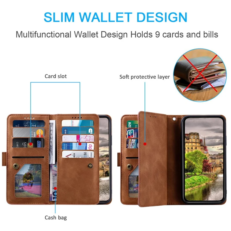 Coque pour Xiaomi 17T Pro avec 9 emplacements pour cartes, pochette portefeuille avec fermeture à glissière, housse en cuir PU avec dragonne - Marron