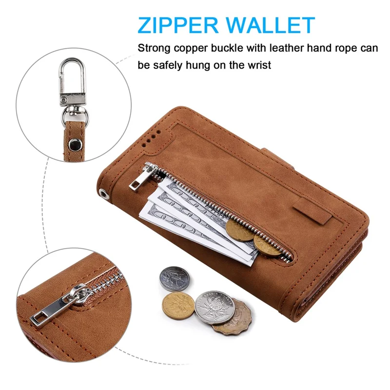 Coque pour Xiaomi 17T Pro avec 9 emplacements pour cartes, pochette portefeuille avec fermeture à glissière, housse en cuir PU avec dragonne - Marron