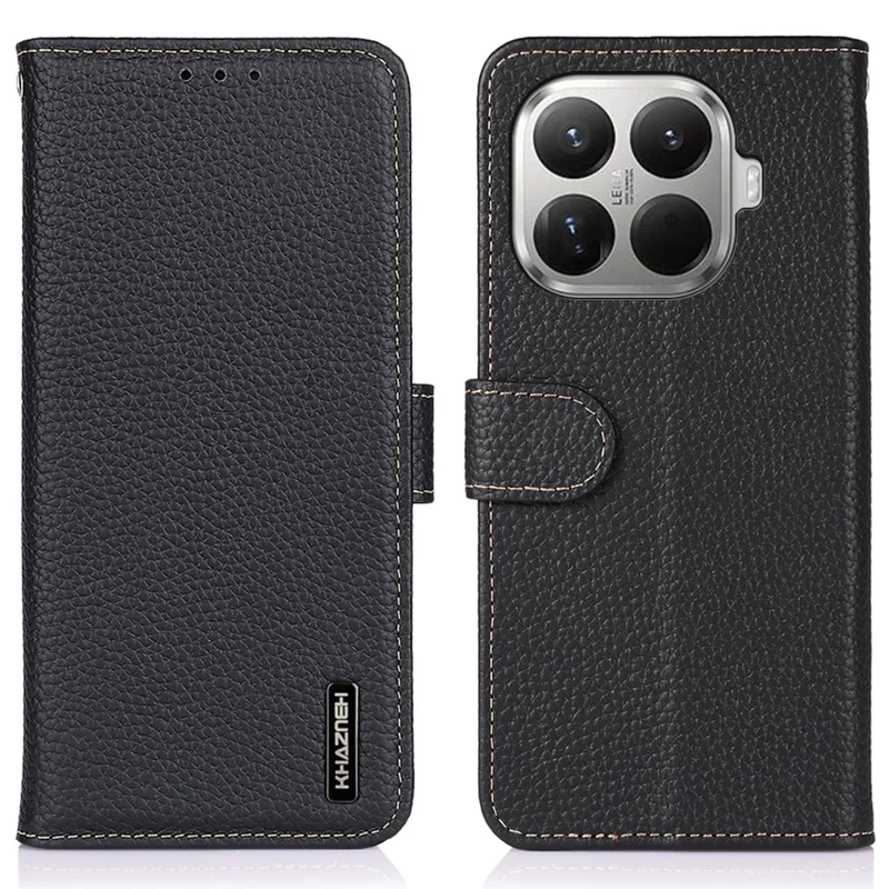 KHAZNEH For Xiaomi 17T Wallet Case Litchi Texture Genuine Cow Leather Flip Phone Cover - Black