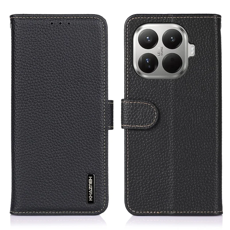 KHAZNEH For Xiaomi 17T Pro Wallet Case Litchi Texture Genuine Cow Leather Flip Phone Cover - Black