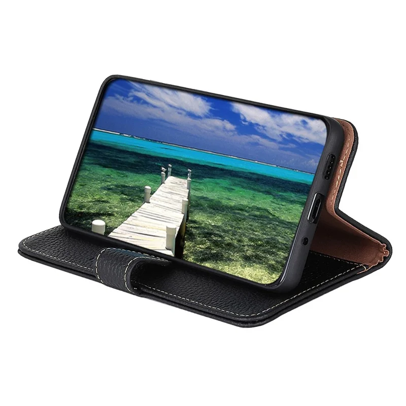 KHAZNEH For Xiaomi 17T Pro Wallet Case Litchi Texture Genuine Cow Leather Flip Phone Cover - Black