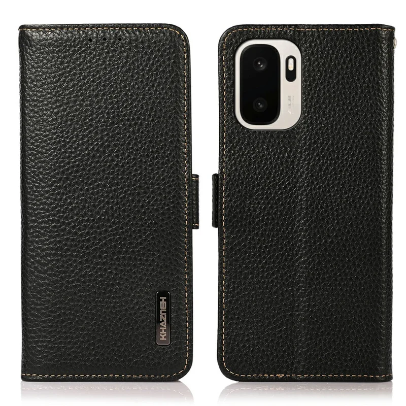 KHAZNEH for OnePlus Ace 6 Ultra 5G Phone Case Litchi Texture Genuine Cow Leather Cover RFID Blocking - Black