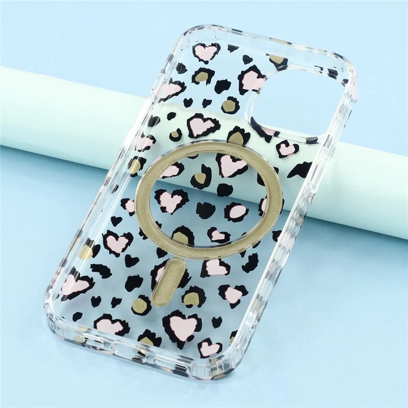 Für iPhone 14 Magnetische Hülle Transparent Anti-Vergilbend PC + TPU Handy-Rückseite Leopard-Print Design - Rot