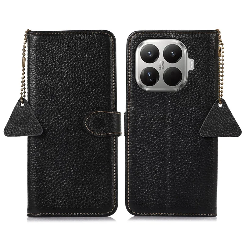 Funda para Xiaomi 17T, carcasa de cuero auténtico de vaca con bloqueo RFID, textura de lichi, color negro