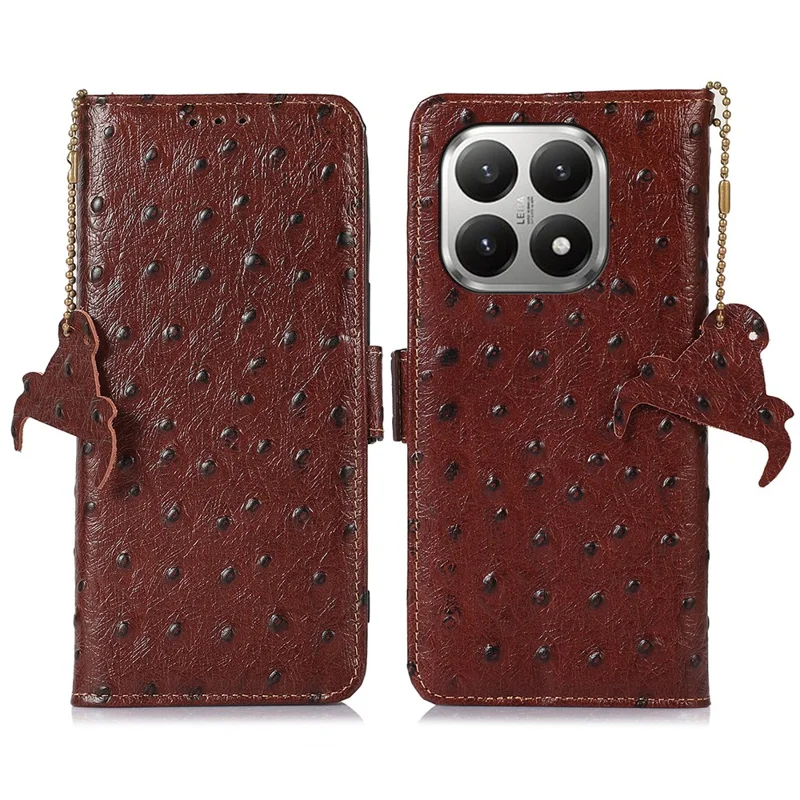 Cover per Xiaomi 17 in vera pelle di mucca con blocco RFID, texture effetto struzzo - Caffè