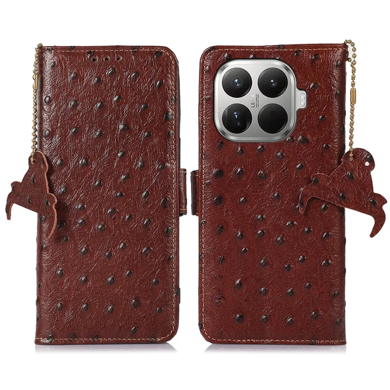 Funda para Xiaomi 17T, funda de cuero auténtico de vaca con bloqueo RFID, textura de avestruz - Café