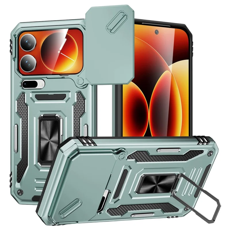 For Xiaomi 17 Pro Max Case Kickstand Slide Lens Lid PC + TPU Drop-Proof Phone Cover - Green
