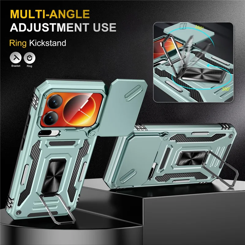 For Xiaomi 17 Pro Max Case Kickstand Slide Lens Lid PC + TPU Drop-Proof Phone Cover - Green
