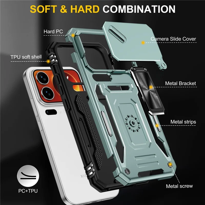 For Xiaomi 17 Pro Max Case Kickstand Slide Lens Lid PC + TPU Drop-Proof Phone Cover - Green