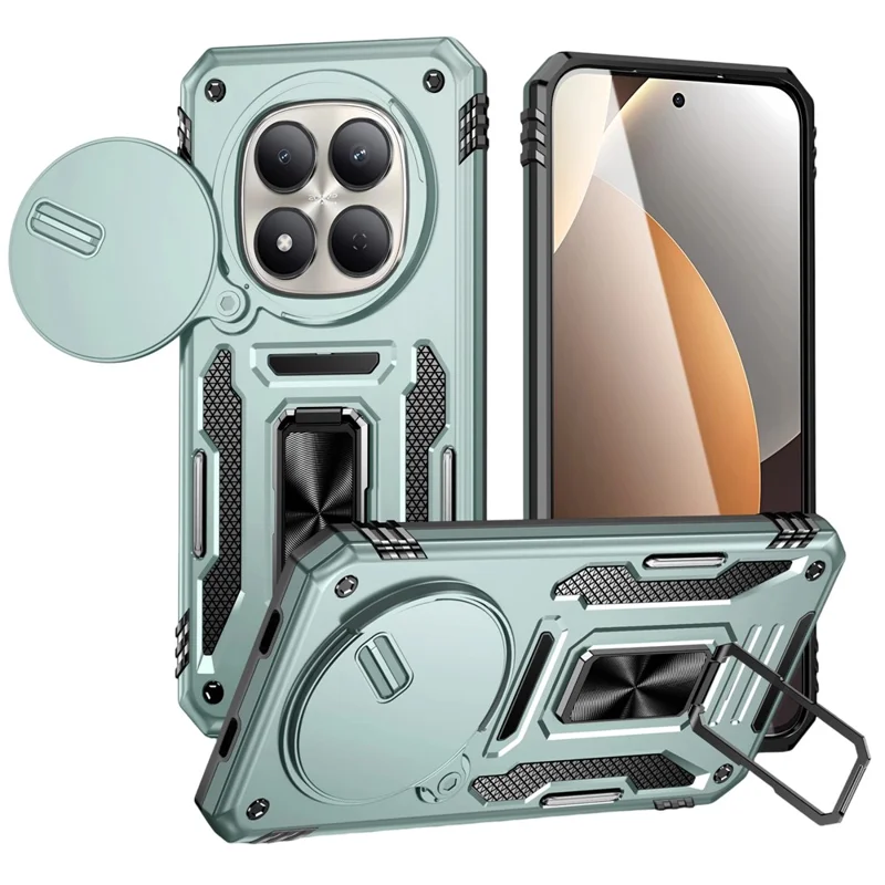 For Xiaomi Redmi Note 15 Pro 5G (Global) Case Kickstand Slide Lens Lid PC + TPU Drop-Proof Phone Cover - Green