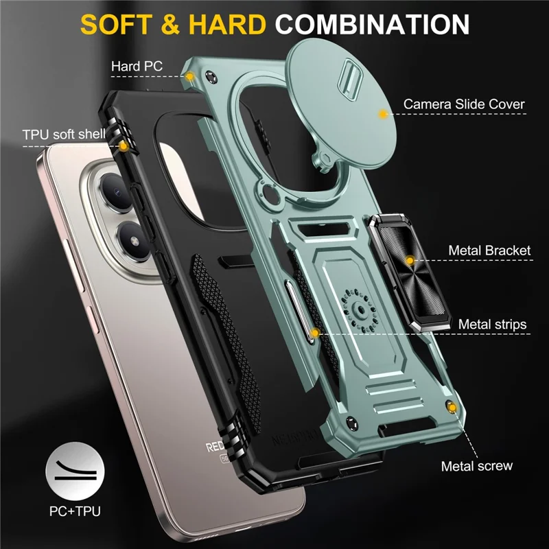For Xiaomi Redmi Note 15 Pro 5G (Global) Case Kickstand Slide Lens Lid PC + TPU Drop-Proof Phone Cover - Green