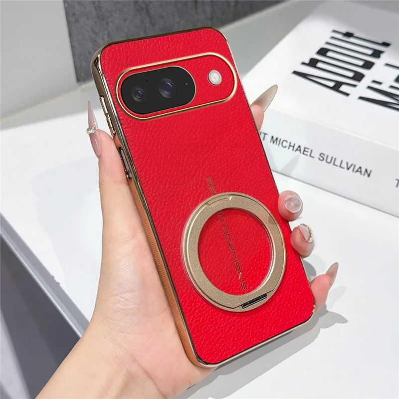 For Google Pixel 10 Pro Magnetic Case Litchi Pattern TPU PU Cover with Electroplated Metal Ring Kickstand - Red