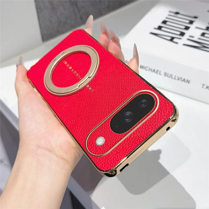 For Google Pixel 10 Pro Magnetic Case Litchi Pattern TPU PU Cover with Electroplated Metal Ring Kickstand - Red