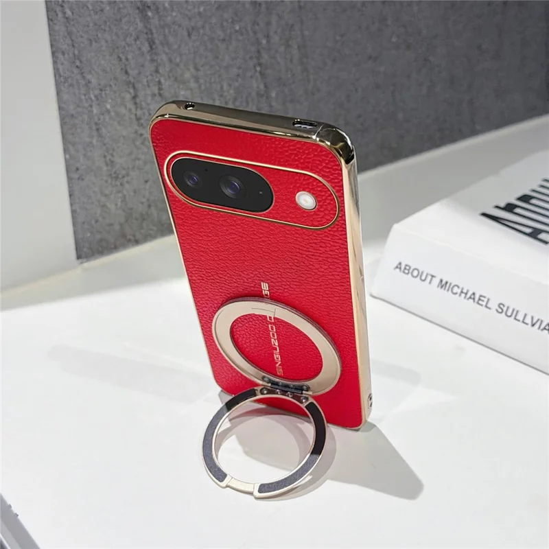 For Google Pixel 10 Pro Magnetic Case Litchi Pattern TPU PU Cover with Electroplated Metal Ring Kickstand - Red
