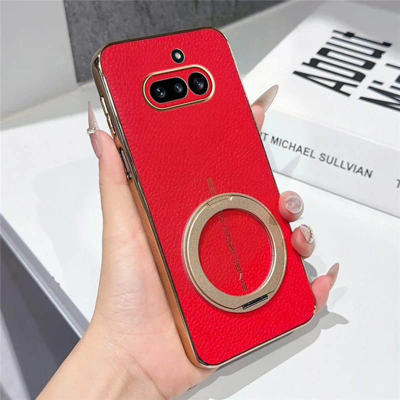 For Nothing Phone (4a) Magnetic Case Litchi Pattern TPU PU Cover with Electroplated Metal Ring Kickstand - Red