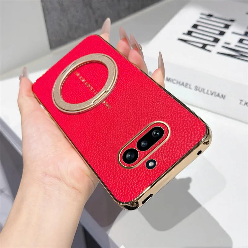 For Nothing Phone (4a) Magnetic Case Litchi Pattern TPU PU Cover with Electroplated Metal Ring Kickstand - Red