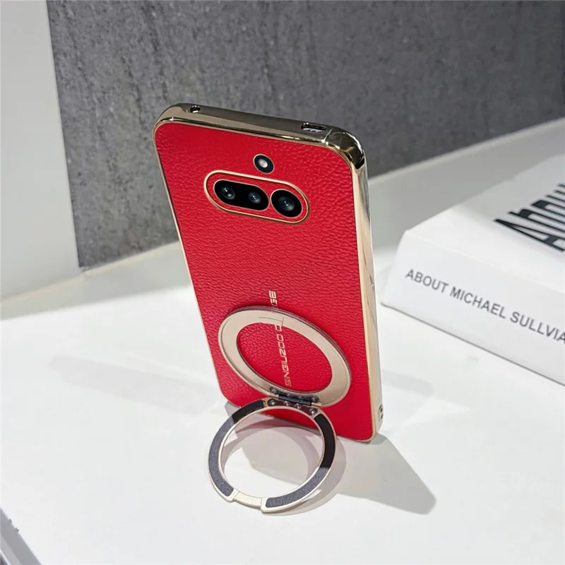 For Nothing Phone (4a) Magnetic Case Litchi Pattern TPU PU Cover with Electroplated Metal Ring Kickstand - Red