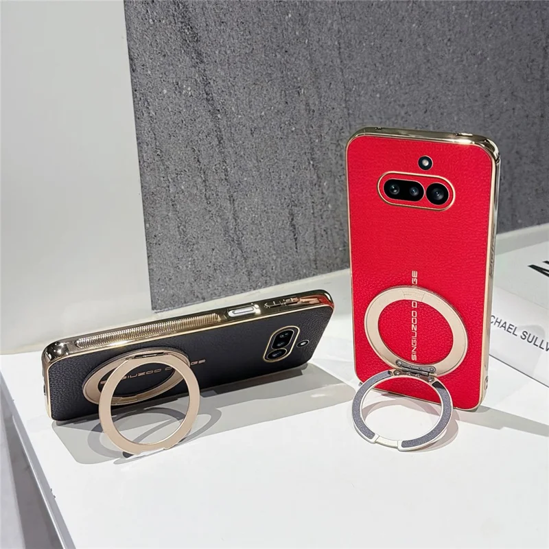 For Nothing Phone (4a) Magnetic Case Litchi Pattern TPU PU Cover with Electroplated Metal Ring Kickstand - Red
