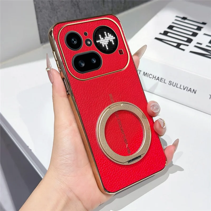 For Nothing Phone (4a) Pro Magnetic Case Litchi Pattern TPU PU Cover with Electroplated Metal Ring Kickstand - Red