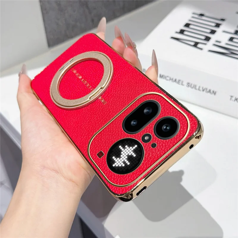 For Nothing Phone (4a) Pro Magnetic Case Litchi Pattern TPU PU Cover with Electroplated Metal Ring Kickstand - Red