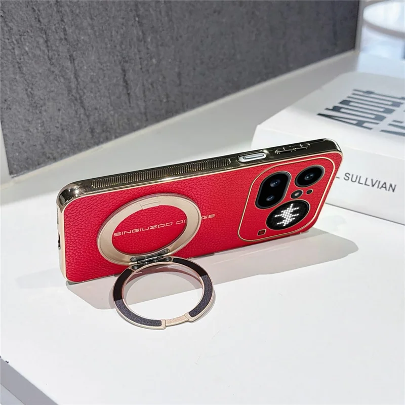 For Nothing Phone (4a) Pro Magnetic Case Litchi Pattern TPU PU Cover with Electroplated Metal Ring Kickstand - Red